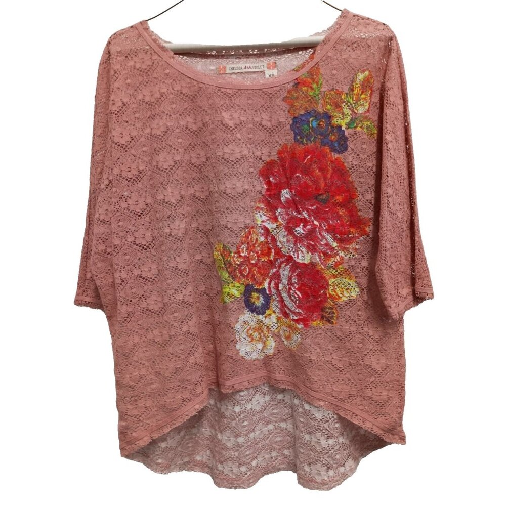 VTG Y2K Chelsea & Violet Top Womens XS Pink Floral Sheer Lace Fairy Cottage BOHO